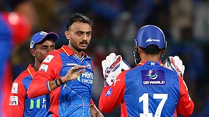 Surjeet Yadav/AP : Delhi Capitals' Axar Patel celebrates the wicket of Sunrisers Hyderabad's Heinrich Klaasen during their Indian Premier League match in New Delhi on April 20, 2024.