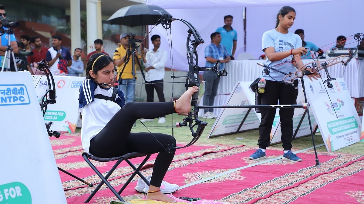 SAI : Sheetal Devi (left) in action at the Khelo India NTPC national ranking archery meet at the DDA Yamuna Sports Complex, Surajmal Vihar.