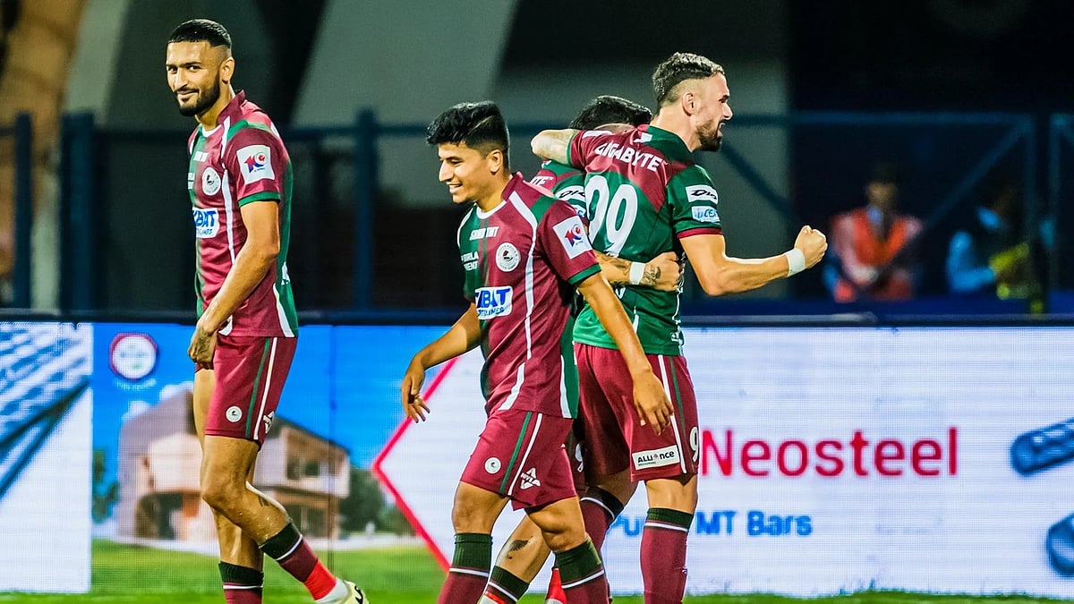 Mohun Bagan Super Giant players celebrate a goal against Bengaluru FC during their Indian Super League 2024 match in Bengaluru.  - ISL