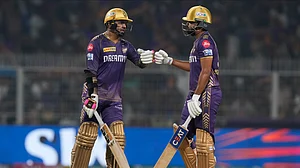 AP Photo/Bikas Das : Kolkata Knight Riders' Sunil Narine and captain Shreyas Iyer give a fist touch after scoring runs during the Indian Premier League cricket match between Kolkata Knight Riders and Rajasthan Royals in Kolkata.