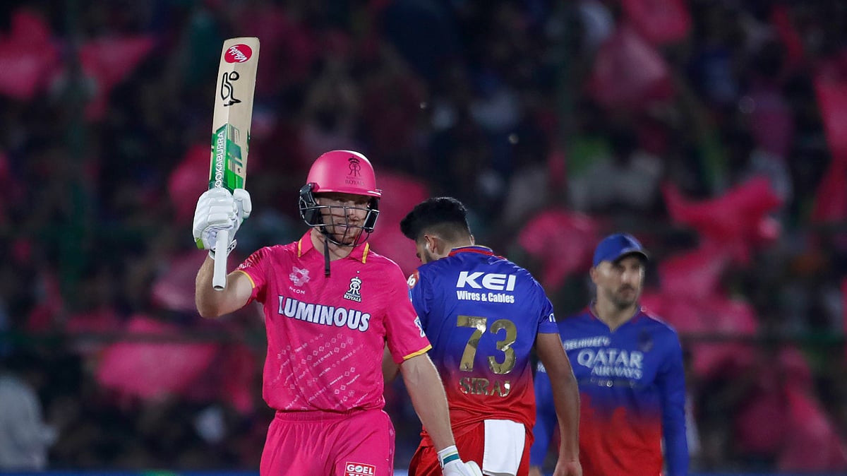 Rajasthan Royals' Jos Buttler celebrates scoring fifty runs during the Indian Premier League cricket match between Rajasthan Royals and Royal Challengers Bangaluru in Jaipur, India, Saturday, April 6, 2024. (AP Photo/Pankaj Nangia)


 - null