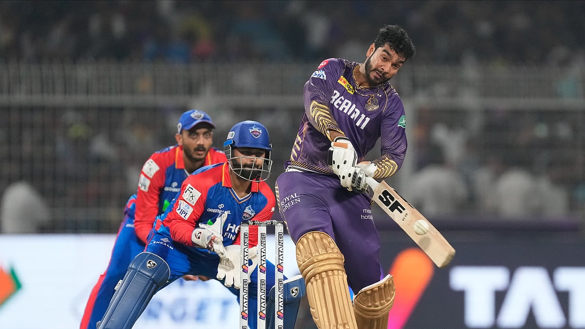 AP Photo/Bikas Das : Kolkata Knight Riders' Venkatesh Iyer plays a shot during the Indian Premier League cricket match between Delhi Capitals and Kolkata Knight Riders in Kolkata.