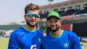 Photo: X/ @TheRealPCB : Young pacer Ehsanullah (R) with Shaheen Shah Afridi in Pakistan cricket team's camp.