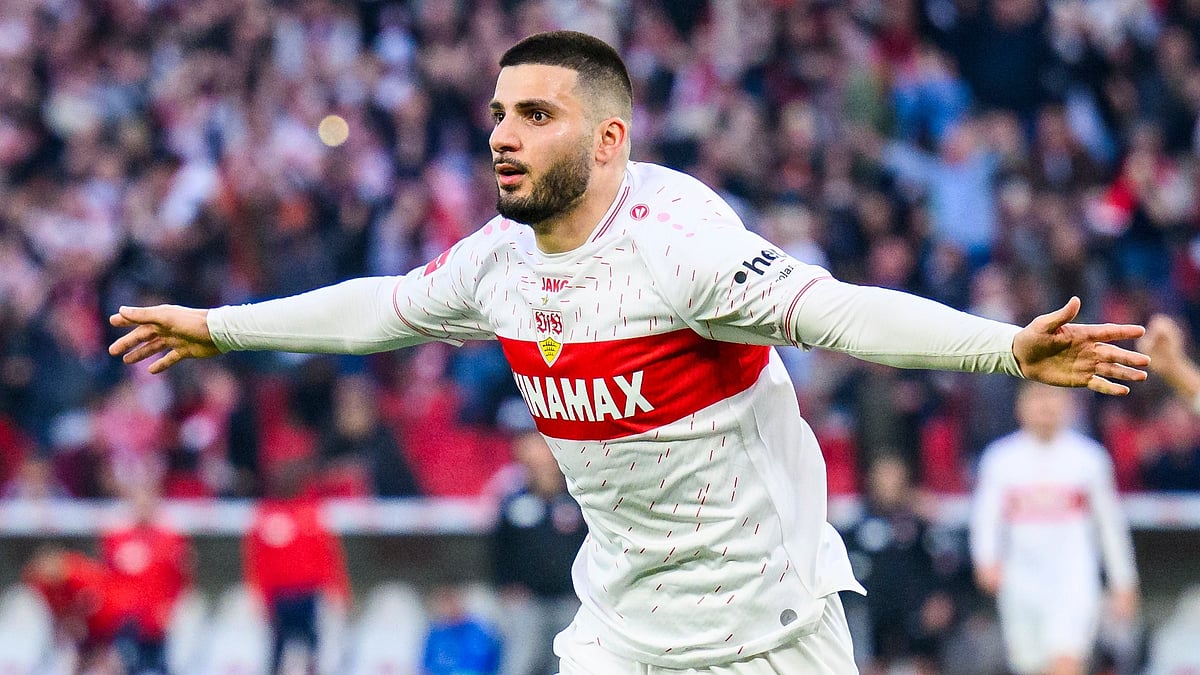 Tom Weller/dpa via AP : Stuttgart's Deniz Undav celebrates after scoring his side's third goal during their Bundesliga match against FC Heidenheim in Stuttgart, Germany on March 31, 2024.