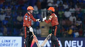AP : Travis Head (left) and Abhishek Sharma bump fists during the Indian Premier League 2024 match between Delhi Capitals and Sunrisers Hyderabad in New Delhi on Saturday, April 20.