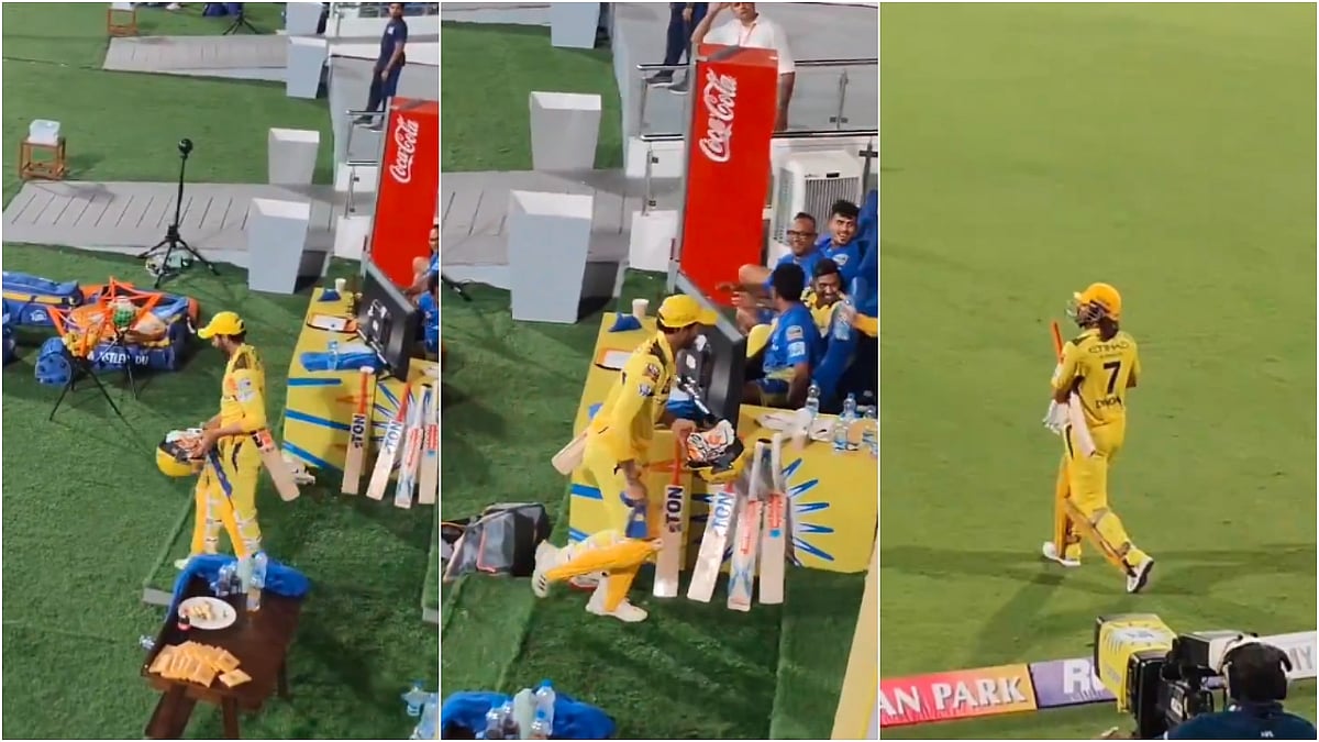 Screenshots showing Ravindra Jadeja coming out to go to bat then turning back and Dhoni walking out on the field - X/@SergioCSKK