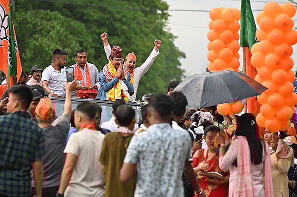 (Photo by Rajwant Rawat via Getty Images) : West Bengal, India – April 09: Raju Bista, outgoing MP and BJP candidate during an election campaign in Darjeeling, West Bengal on April 09, 2024. 