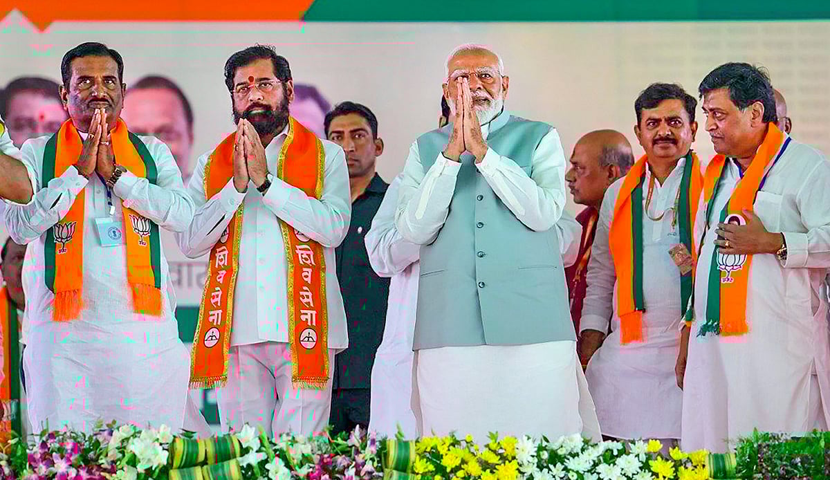 PTI Photo : Narendra Modi with Maharashtra CM Eknath Shinde, Ashok Chavan and other leaders during an election campaign rally in support of NDA candidates, in Nanded, Maharashtra, Saturday, April 20, 2024. 