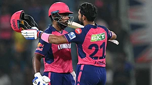 Sanju Samson and Dhruv Jurel celebrate for the Royals.