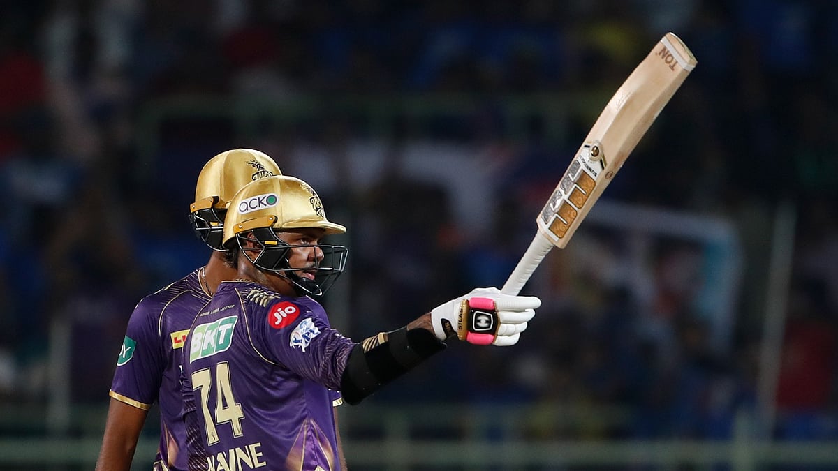 AP Photo/ Surjeet Yadav : Kolkata Knight Riders' Sunil Narine celebrates his fifty runs during the Indian Premier League match between Delhi Capitals and Kolkata Knight Riders in Visakhapatnam.