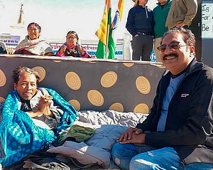(PTI Photo) : Education reformist and climate activist Sonam Wangchuk with actor Prakash Raj during the hunger strike, in Leh, Tuesday, March 26, 2024. Sonam was on the hunger strike for the statehood of Ladakh and the protection of the fragile Himalayan ecology.