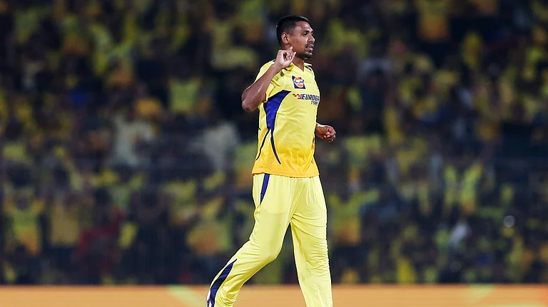 Chennai Super Kings' Mustafizur Rahman celebrates the wicket of Royal Challengers Bengaluru's Rajat Patidar during the Indian Premier League 2024 match between Chennai Super Kings and Royal Challengers Bengaluru in Chennai. - AP Photo/R. Parthibhan