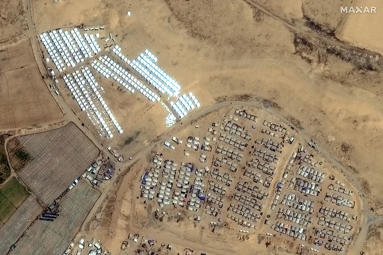 This image provided by Maxar Technologies, shows a rows of tents built near Rafah in Gaza on April 23, 2024
- AP