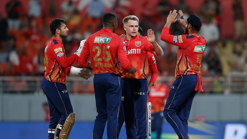 AP : Punjab Kings' Sam Curran, second from right, celebrates the dismissal of Gujarat Titans' Sai Sudharsan during the Indian Premier League 2024 match in Mullanpur on April 21.