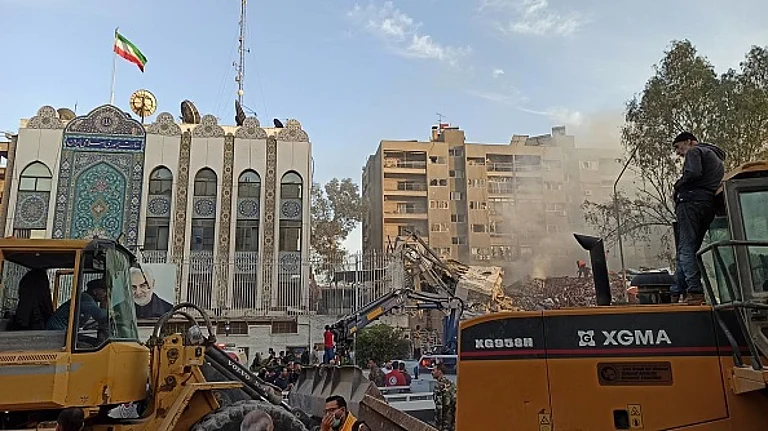 Debris after Israeli attack on Iranian consulate in which the commander of the Iranian Islamic Revolutionary Guard Corps (IRGC), Mohammad Reza Zahedi, was killed in Damascus, Syria on April 01, 2024. - Getty Images