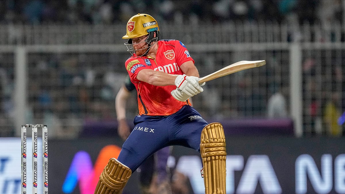 AP Photo/Bikas Das : Punjab Kings Jonny Bairstow plays a shot during the Indian Premier League cricket match between Kolkata Knight Riders and Punjab Kings in Kolkata.