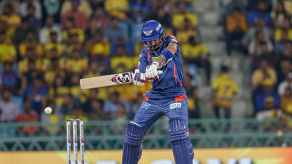 Photo: AP : Lucknow Super Giants captain KL Rahul plays a shot during the Indian Premier League 2024 cricket match against Chennai Super Kings in Lucknow.