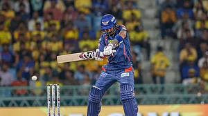 Photo: AP : Lucknow Super Giants captain KL Rahul plays a shot during the Indian Premier League 2024 cricket match against Chennai Super Kings in Lucknow.
