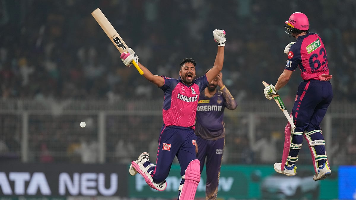Rajasthan Royals' Jos Buttler and Avesh Khan celebrate their win against Kolkata Knight Riders during the Indian Premier League cricket match in Kolkata. - AP Photo/Bikas Das