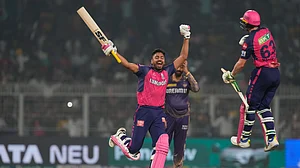 AP Photo/Bikas Das : Rajasthan Royals' Jos Buttler and Avesh Khan celebrate their win against Kolkata Knight Riders during the Indian Premier League cricket match in Kolkata.