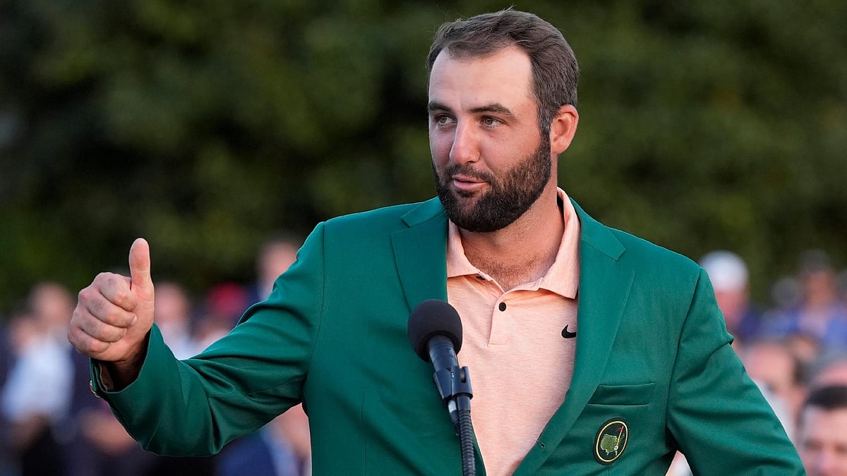 AP Photo/David J. Phillip : Scottie Scheffler speaks after winning the Masters golf tournament at Augusta National Golf Club Sunday, April 14, 2024, in Augusta, Ga.