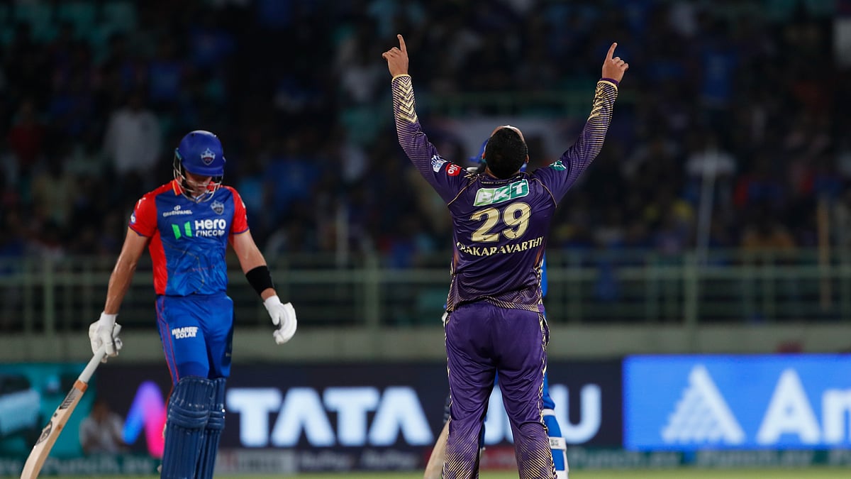 Kolkata Knight Riders' Varun Chakaravarthy celebrates the wicket of Delhi Capitals' Tristan Stubbs during the Indian Premier League 2024 match between Delhi Capitals and Kolkata Knight Riders in Visakhapatnam. - AP Photo/ Surjeet Yadav