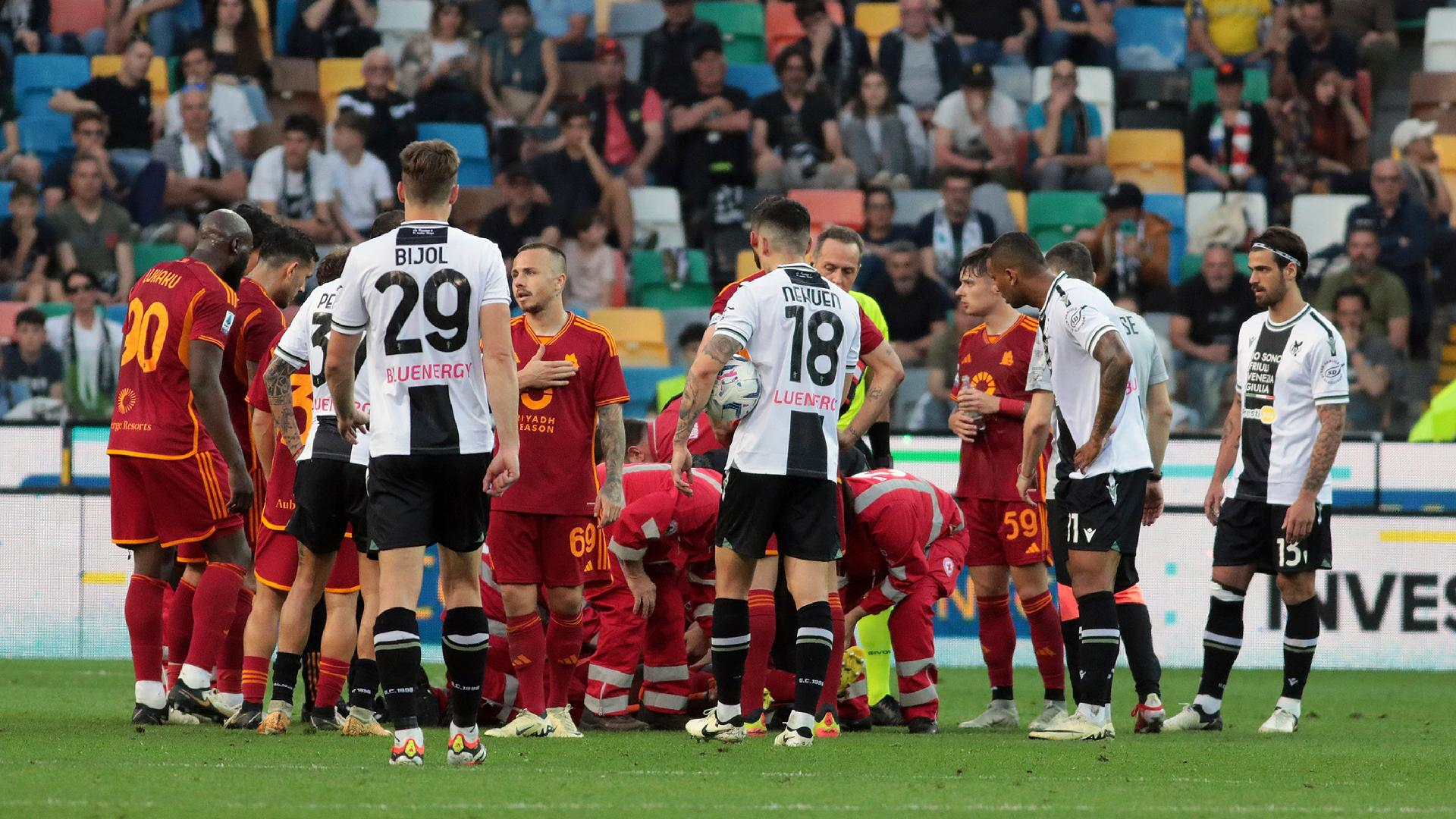 Roma’s Evan Ndicka receives treatment on the pitch after collapsing during the Serie A clash with Udinese. - Andrea Bressanutti/AP