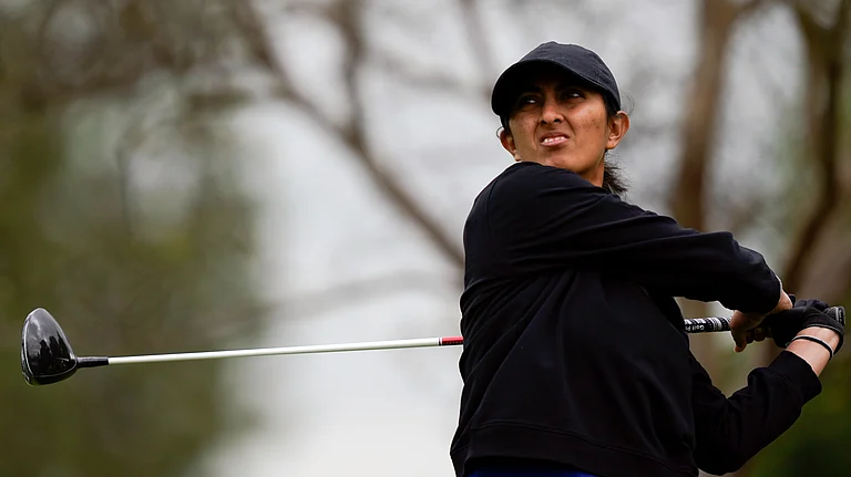 Aditi Ashok hits from the fifth tee during the first round of the LPGA LA Championship golf tournament at Wilshire Country Club. - AP Photo/Ryan Sun