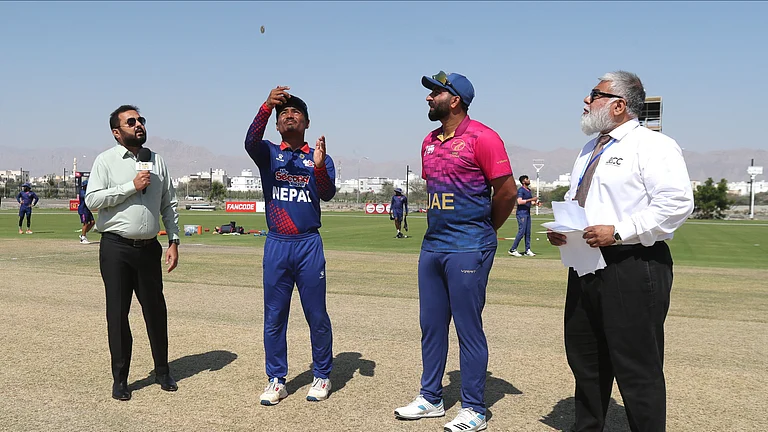 Nepal and UAE captain during the toss of the 1st semifinal match in the ACC Men's T20I Premier Cup 2024 in Al Amerat. - Photo: X/ @CricketNep