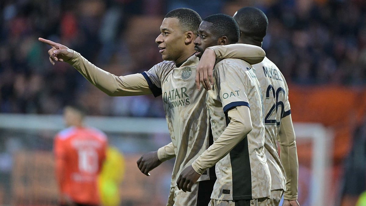 Ousmane Dembele and Kylian Mbappe celebrate on Wednesday against Lorient - null
