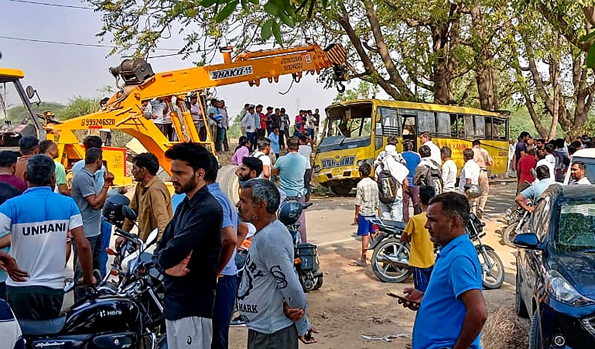 PTI : Visual from the accident spot in Haryana where the school bus overturned