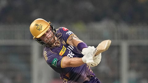 Kolkata Knight Riders' Phil Salt plays a shot during the Indian Premier League cricket match between Delhi Capitals and Kolkata Knight Riders in Kolkata.