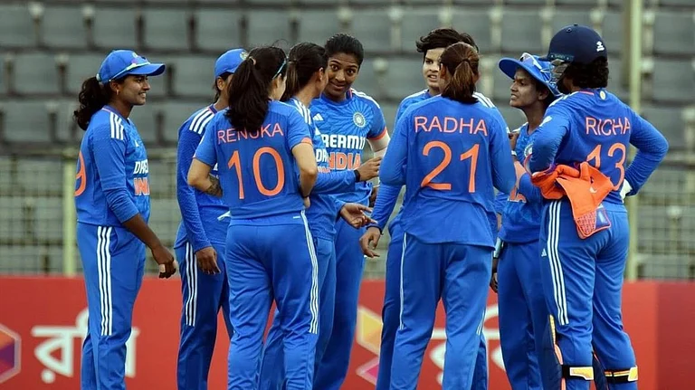 Indian women's team celebrating after taking a wicket against Bangladesh during the 5th T20I match in Sylhet. - Photo: X/ @JayShah