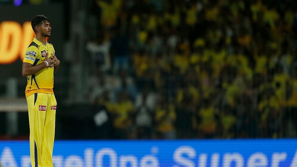 Chennai Super Kings' Matheesha Pathirana celebrates the dismissal of Sunrisers Hyderabad's Aiden Markram during the Indian Premier League cricket match between Chennai Super Kings and Sunrisers Hyderabad in Chennai, India, Sunday, April 28, 2024.  - (AP Photo/R.Parthiban)