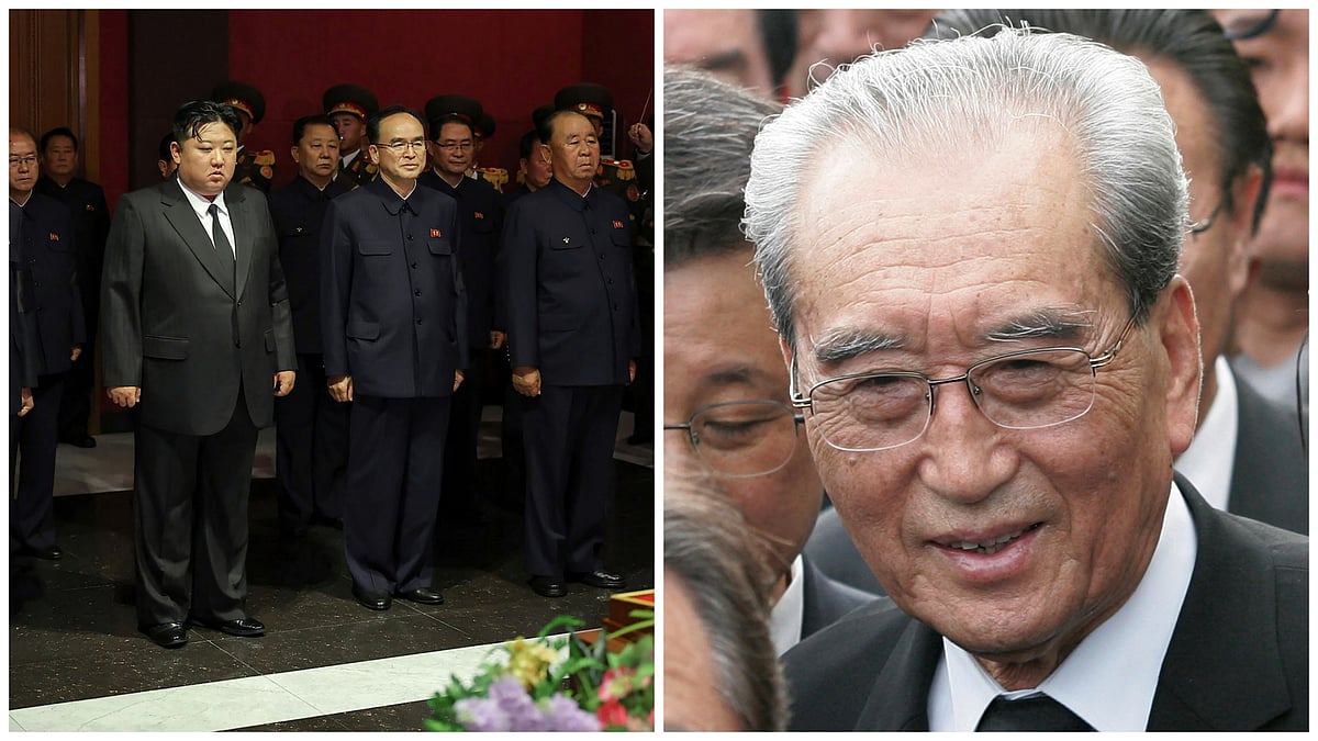 AP : In this photo provided by the North Korean government, North Korean leader Kim Jong Un, front center, with top officials pays a condolence visit to the body of Kim Ki Nam, former secretary of the Central Committee of the Workers' Party of Korea at a funeral hall in Pyongyang, North Korea Wednesday, May 8, 2024. 