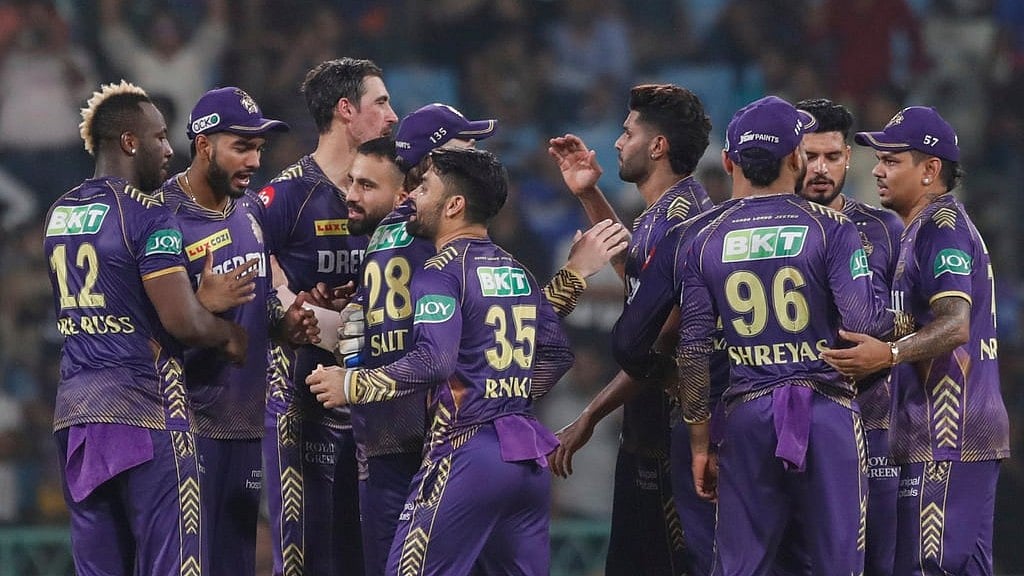 Two-time IPL champions KKR players celebrate after beating LSG in Lucknow on May 5, 2024. - Pankaj Nangia/AP