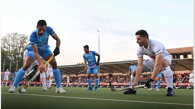 A glimpse from the FIH Pro League match between India and Belgium.  - X | Hockey India