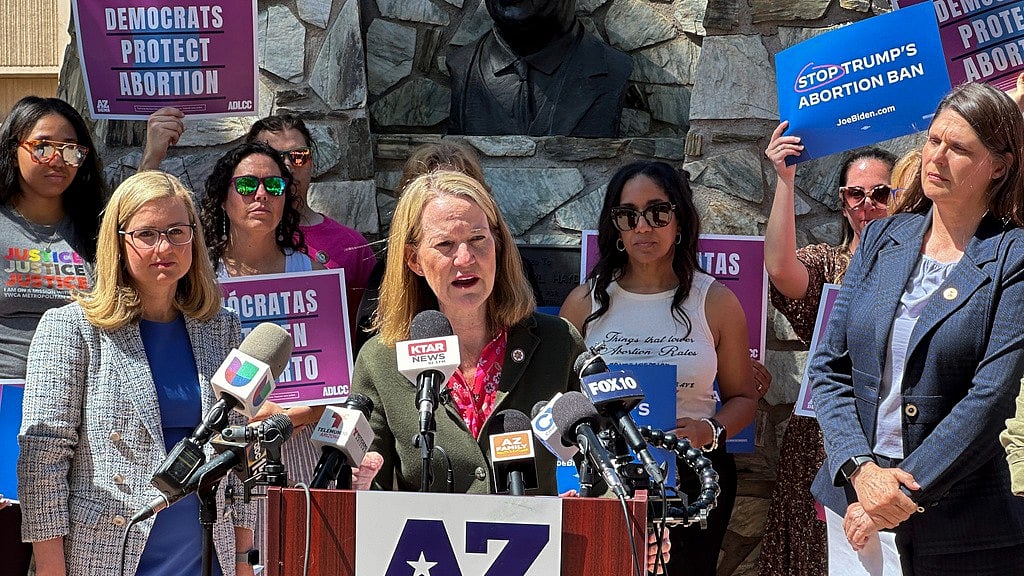 Arizona Attorney General Kris Mayes speaks to reporters at the state Capitol in Phoenix, April 9, 2024. - AP