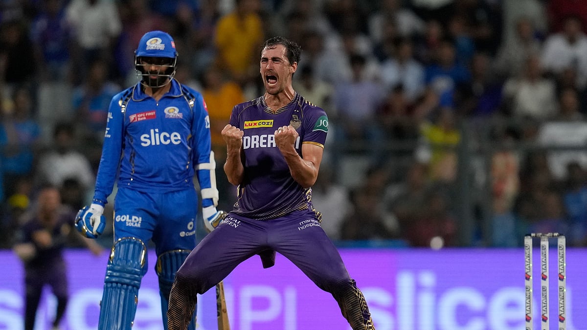 Mitchell Starc celebrating after winning the match for KKR in IPL 2024. AP Photo
