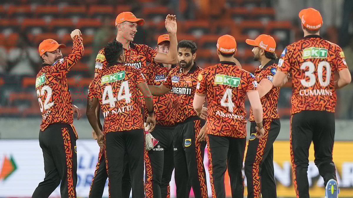 SRH team celebrating the wicket of Sanju Samson in IPL 2024. AP Photo