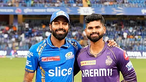 BCCI : Captains of MI and KKR, Hardik Pandya (first from left) and Shreyas Iyer during the toss of Match 51 of IPL 2024 at Wakhande stadium.