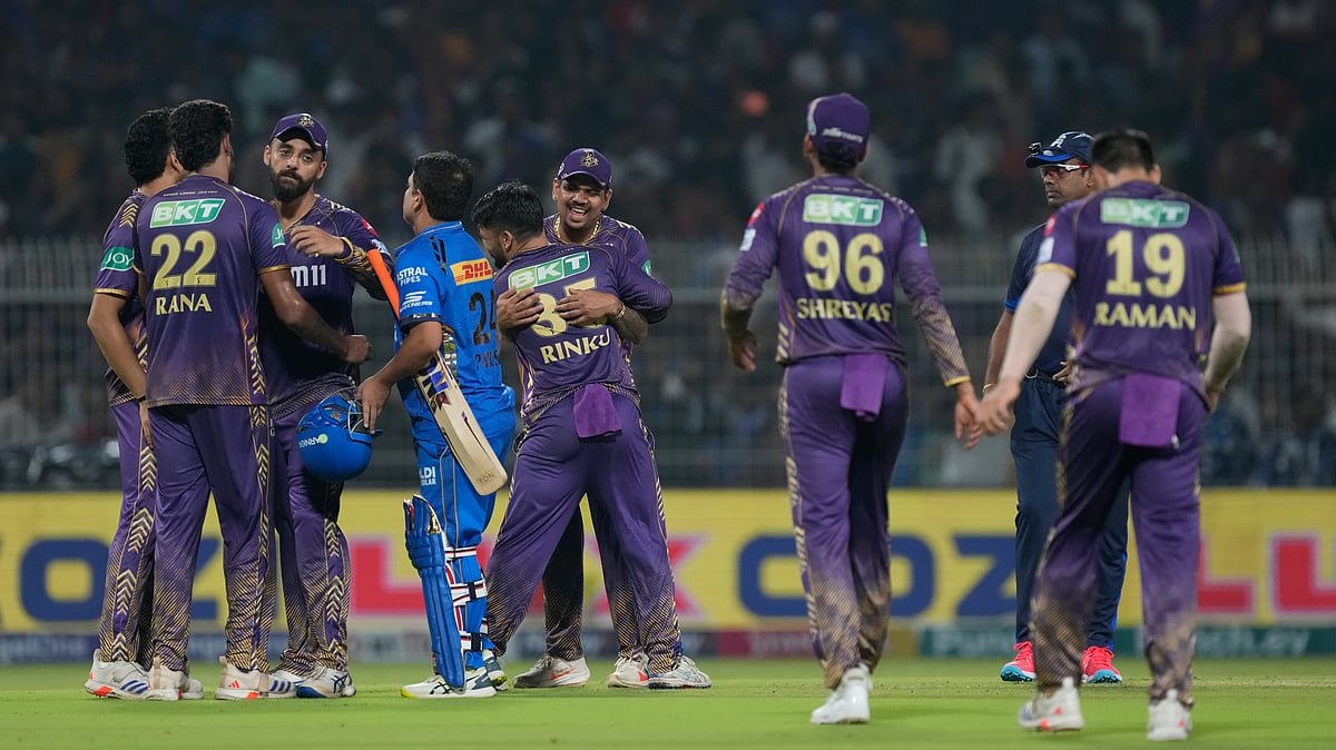 Members of Kolkata Knight Riders celebrate the win against Mumbai Indians in the Indian Premier League cricket match in Kolkata. - AP Photo/Bikas Das