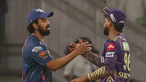 AP Photo/Pankaj Nangia : Kolkata Knight Riders' captain Shreyas Iyer, right, shakes hands with Lucknow Super Giants' captain KL Rahul after their win during the Indian Premier League cricket match between Lucknow Super Giants and Kolkata Knight Riders in Lucknow.