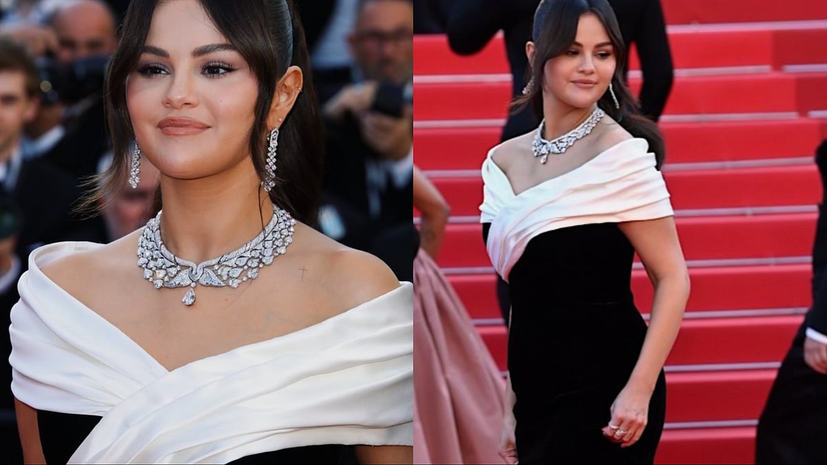 X : Selena Gomez in a black and white Saint Laurent gown at Cannes 2024