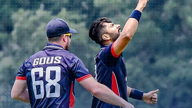 Ali Khan of United States in action during the 2nd t20I match against Bangladesh.  - X | USA Cricket