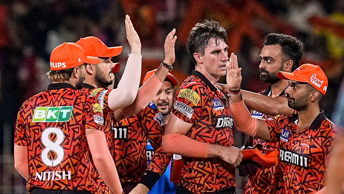 Photo: PTI : Sunrisers Hyderabad players celebrating after taking the wicket of RR batter in second qualifier of the IPL 2024 in Chennai on Friday.