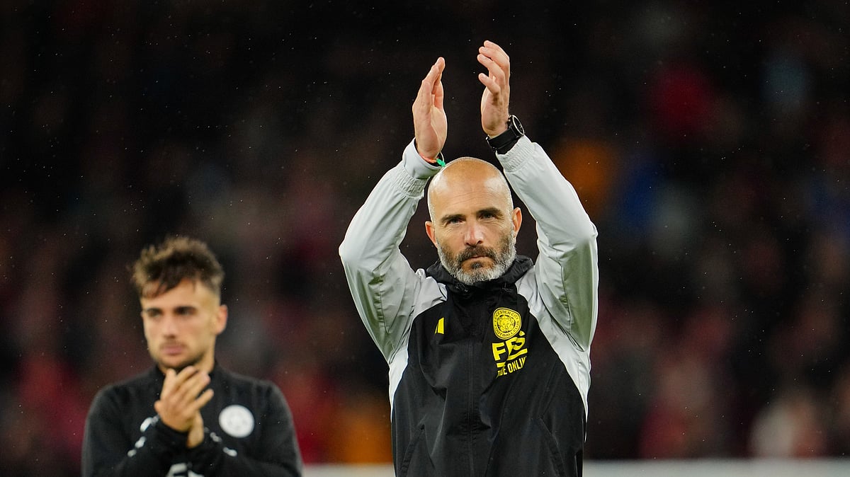 FILE - Leicester's head coach Enzo Maresca applauds fans at the end of the English League Cup third round soccer match between Liverpool and Leicester City at the Anfield stadium in Liverpool, England, Wednesday, Sept. 27, 2023. There is unprecedented managerial upheaval in the English Premier League. Five of the top 11 teams potentially will have new coaches at the start of next season and another of them changed managers just three months ago. 
 - (AP Photo/Jon Super, File)

