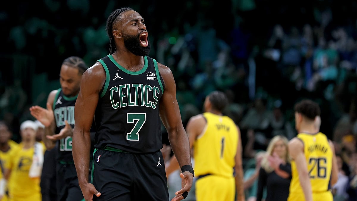 Jaylen Brown #7 of the Boston Celtics screams out in celebration during the second half of Game 2 of the Eastern Conference Finals against the Indianapolis Pacers at the TD Garden. - null