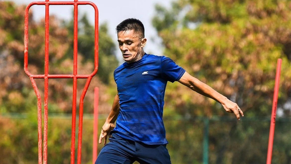 Photo: X/ @IndianFootball : Indian football team captain Sunil Chhetri during a practice session.