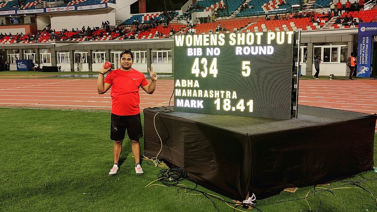 Photo: X/ @nnis_sports : Abha Khatua posing for a photo after setting a new national record in women's shot put on Monday.